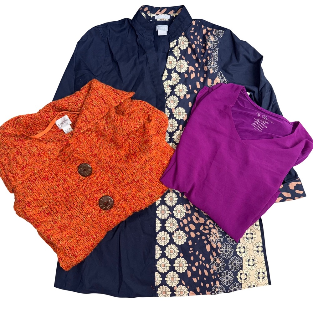 Chico's Bundle Orange Knit Vest Purple V-Neck Navy Floral Tunic Set 3 Pieces
